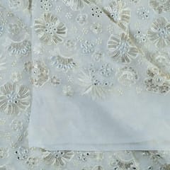 White Color Georgette With Thread and Mirror Embroidered Fabric