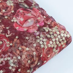 Red Color Printed Organza with Embroidered Fabric