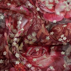 Red Color Printed Organza with Embroidered Fabric