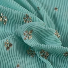 Sea Green Color Georgette Pleat Embroidered Fabric