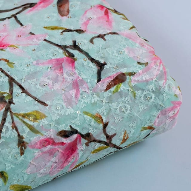 Sea Green Georgette Embroidered Fabric Print (1.50Meter Piece)