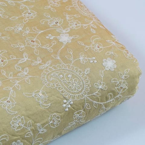 Lemon Color Muslin Thread Embroidered Fabric
