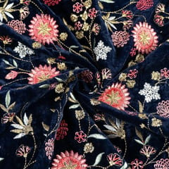 Navy Blue Color Velvet Thread and Sequin Embroidered Fabric