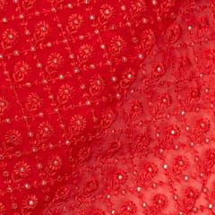 Red Color Georgette Thread and Faux Mirror Embroidered Fabric