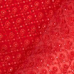 Red Color Georgette Thread and Faux Mirror Embroidered Fabric