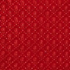 Red Color Georgette Thread and Faux Mirror Embroidered Fabric