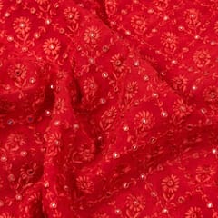 Red Color Georgette Thread and Faux Mirror Embroidered Fabric