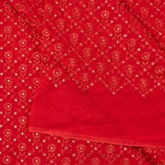 Red Color Georgette Thread and Faux Mirror Embroidered Fabric