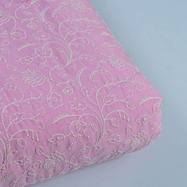 Pink Color Cotton Thread Lakhnavi Embroidered Fabric