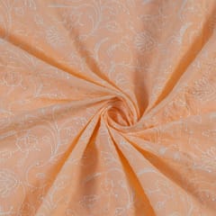 Peach Color Cotton Thread Lakhnavi Embroidered Fabric
