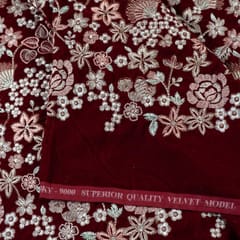 Maroon Color Velvet Thread and Sequin Embroidered Fabric