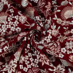 Maroon Color Velvet Thread and Sequin Embroidered Fabric