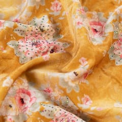 Mustard Color Velvet Print with Multi Color Saroaski Embroidered Fabric