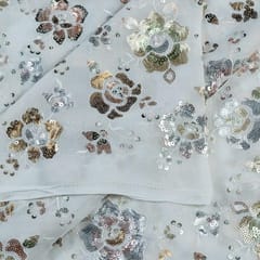 White Dyeable Georgette Sequins and Thread Embroidered Fabric