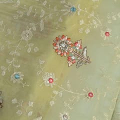 Lemon Color Viscose Organza Multicolor Thread and Sequins Embroidered Fabric