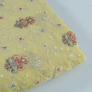 Lemon Color Viscose Organza Multicolor Thread and Sequins Embroidered Fabric