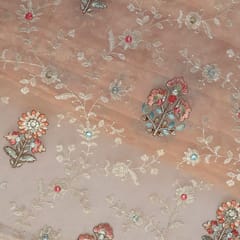 Peach Color Viscose Organza Multicolor Thread and Sequins Embroidered Fabric