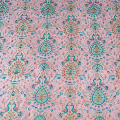 Pink Color Dupion Silk Printed Embroidery Fabric