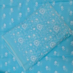 5 Mtr Firozi Cotton Kota Doria Thread Embroidered Fabric Set