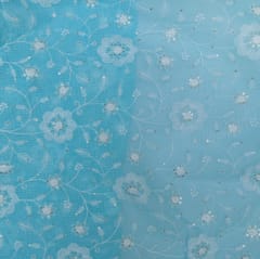 5 Mtr Firozi Cotton Kota Doria Thread Embroidered Fabric Set