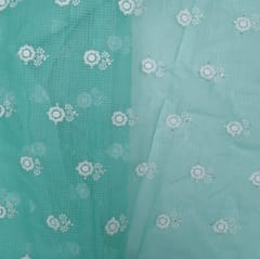 5 Mtr Sea Green Cotton Kota Doria Thread Embroidered Fabric Set