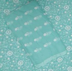5 Mtr Sea Green Cotton Kota Doria Thread Embroidered Fabric Set
