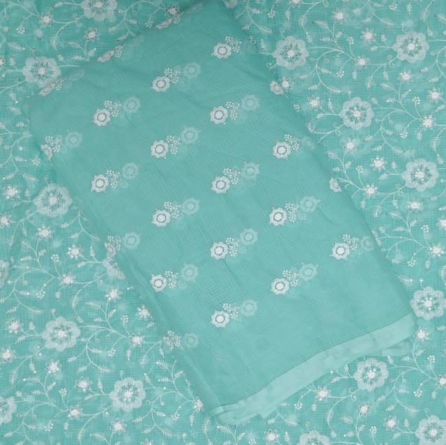 5 Mtr Sea Green Cotton Kota Doria Thread Embroidered Fabric Set
