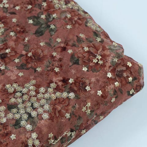 Rust Color Printed Organza with Embroidered Fabric (1.90Meter Piece)