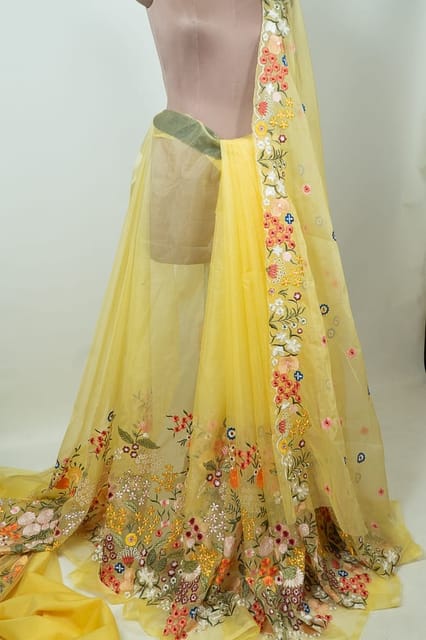 Yellow Color Thread Embroidered Organza Set