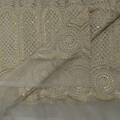 White Color Dyeable Net Sequins and Thread Embroidered Fabric