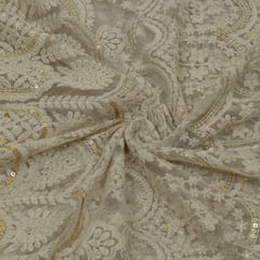 White Color Dyeable Net Sequins and Thread Embroidered Fabric