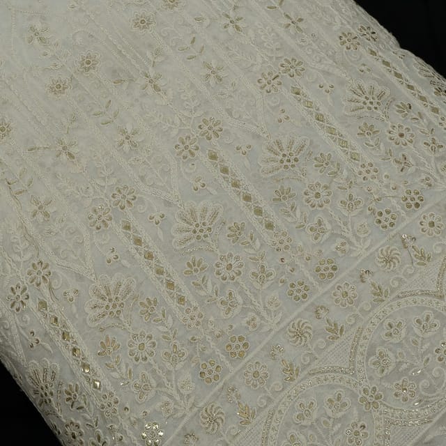 White Color Dyeable Georgette Thread Embroidered Fabric
