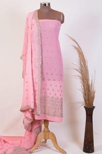 Pink Color Georgette Pleat Embroidered Fabric with Georgette Embroidered Dupatta Set