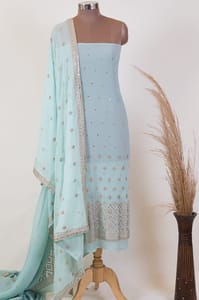 Sea Green Color Georgette Pleat Embroidered Fabric with Georgette Embroidered Dupatta Set