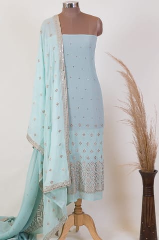 Sea Green Color Georgette Pleat Embroidered Fabric with Georgette Embroidered Dupatta Set