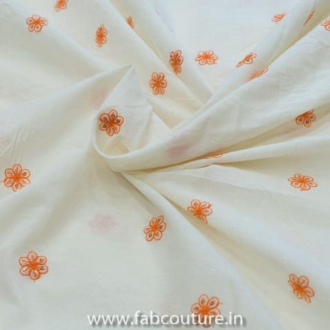 Off-White Cotton with Orange Booti Embroidered Fabric(1.90 Meter Piece)