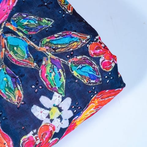 Navy Blue Color Cotton Chikan with Print Fabric