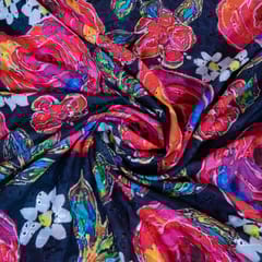 Navy Blue Color Cotton Chikan with Print Fabric