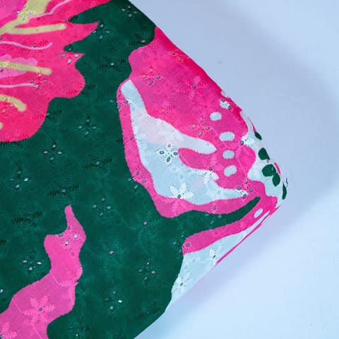 Green Color Cotton Chikan with Print Fabric