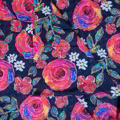 Navy Blue Color Cotton Chikan with Print Fabric