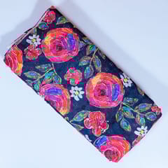 Navy Blue Color Cotton Chikan with Print Fabric