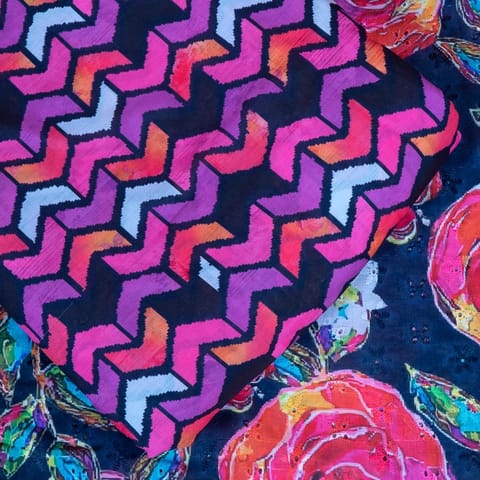 5 Mtr Navy Blue Color Cotton Chikan with Cotton Printed Set
