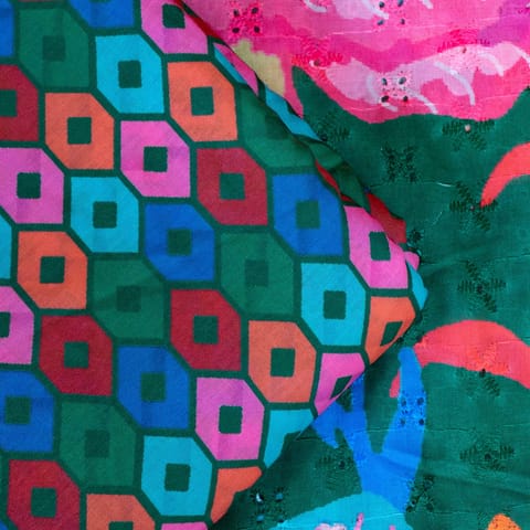 5 Mtr Green Color Cotton Chikan with Cotton Printed Set