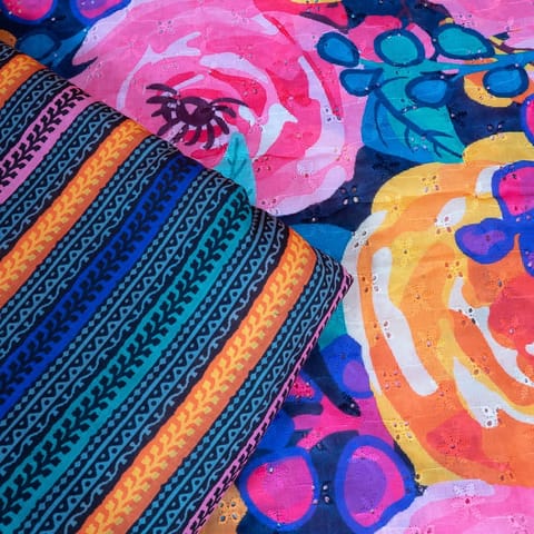 5 Mtr Navy Blue Color Cotton Chikan with Cotton Printed Set