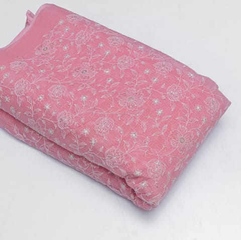 Pink Color Kota Doria Embroidered Fabric