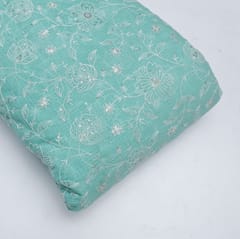 Green Color Kota Doria Embroidered Fabric