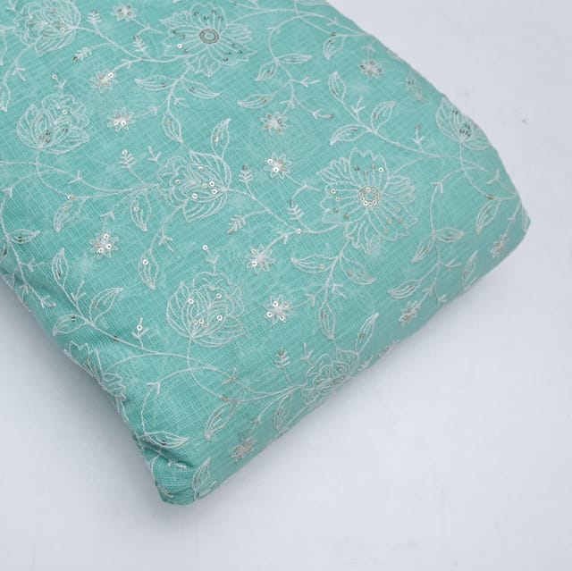 Green Color Kota Doria Embroidered Fabric