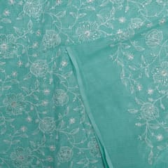 Green Color Kota Doria Embroidered Fabric