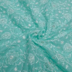 Green Color Kota Doria Embroidered Fabric