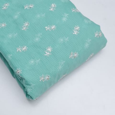 Green Color Kota Doria Embroidered Fabric